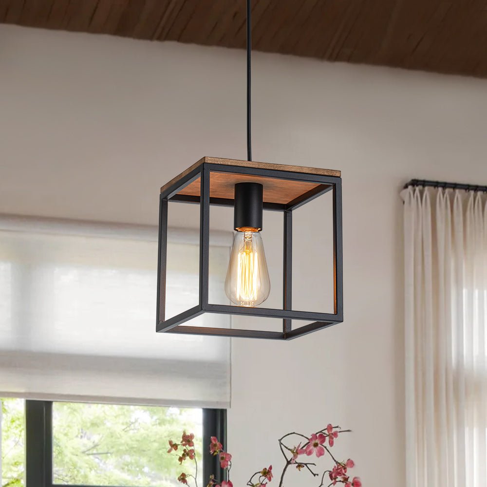1 - Light Farmhouse Geometric Square Wood Pendant - LightfixturesUAE