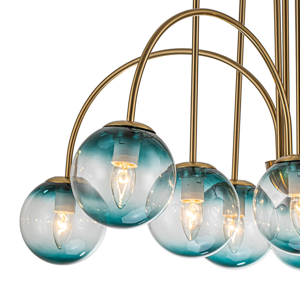 10 - Light Glam Brass Gradient Blue Glass Globe Bubble Chandelier - LightfixturesUAE