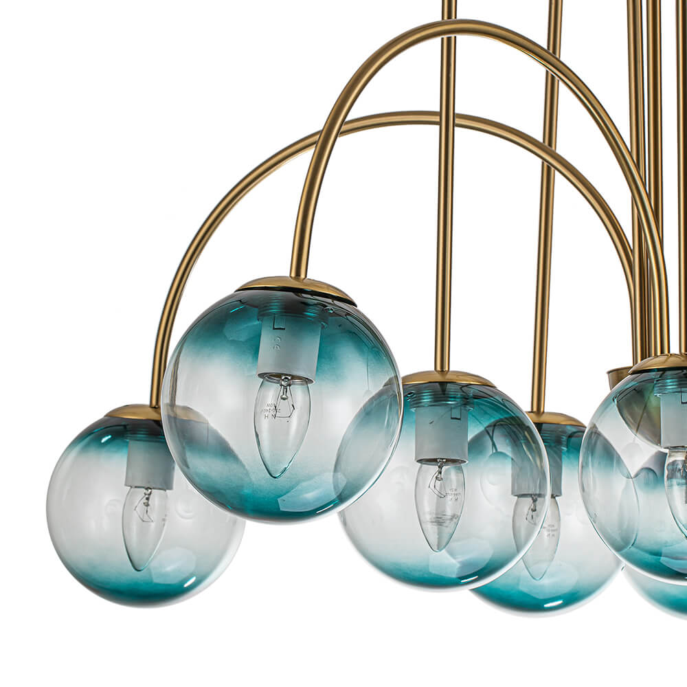 10 - Light Glam Brass Gradient Blue Glass Globe Bubble Chandelier - LightfixturesUAE