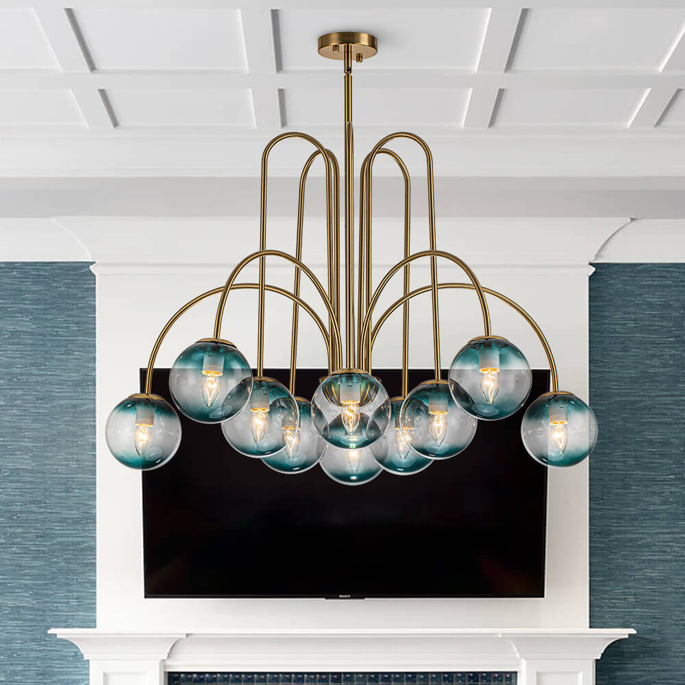 10 - Light Glam Brass Gradient Blue Glass Globe Bubble Chandelier - LightfixturesUAE