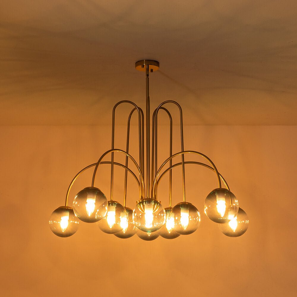 10 - Light Glam Brass Gradient Blue Glass Globe Bubble Chandelier - LightfixturesUAE