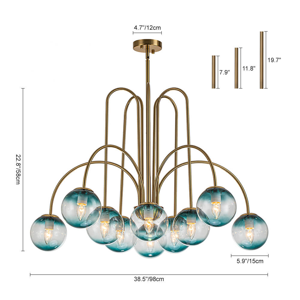 10 - Light Glam Brass Gradient Blue Glass Globe Bubble Chandelier - LightfixturesUAE