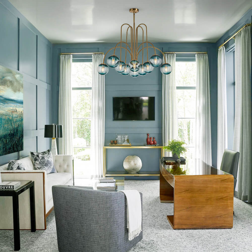 10 - Light Glam Brass Gradient Blue Glass Globe Bubble Chandelier - LightfixturesUAE