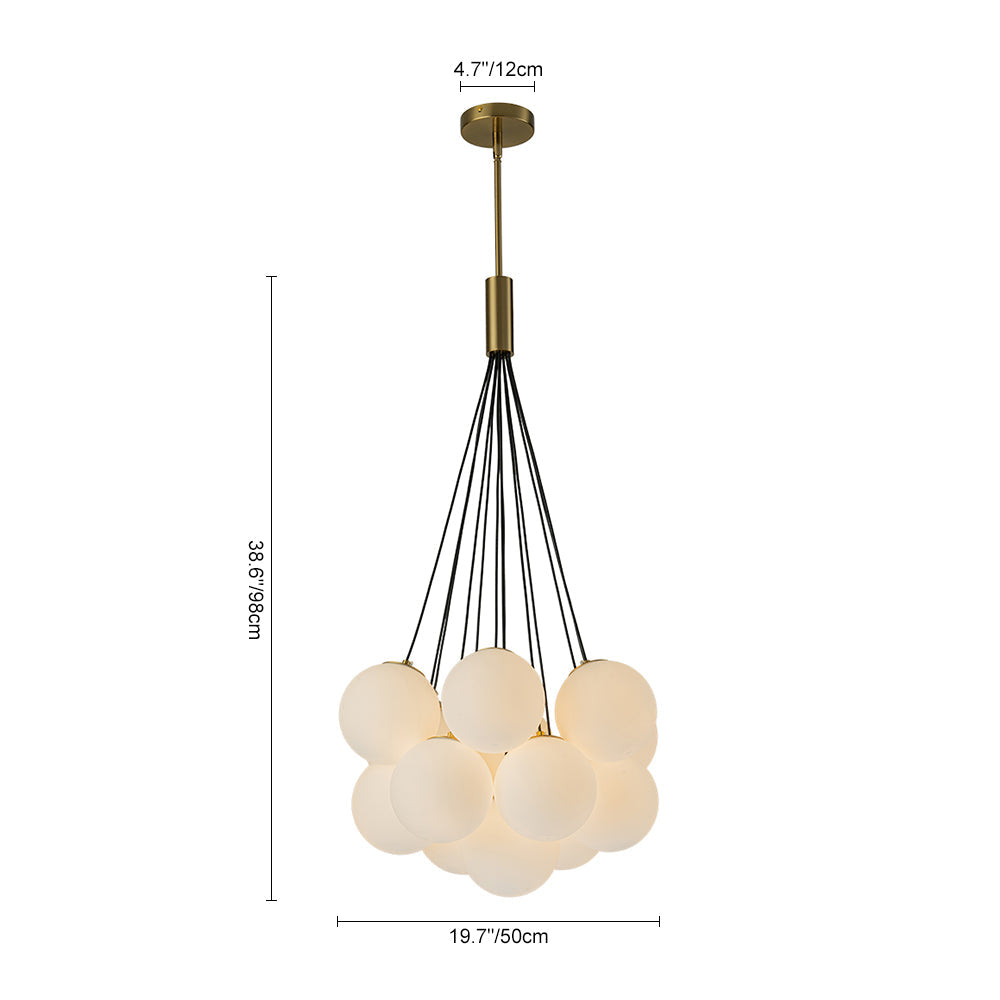 Exuding modern mid-century charm, this chic cluster chandelier effortlessly enhances any interior space with its stylish design. Crafted with a harmonious fusion of metal and opal globes, it creates a captivating visual display while illuminating the room from multiple angles. The opal glass shades, paired with 13 E26/E27 bulbs (bulbs not included), cast a warm and inviting glow throughout, perfect for creating a welcoming ambiance.