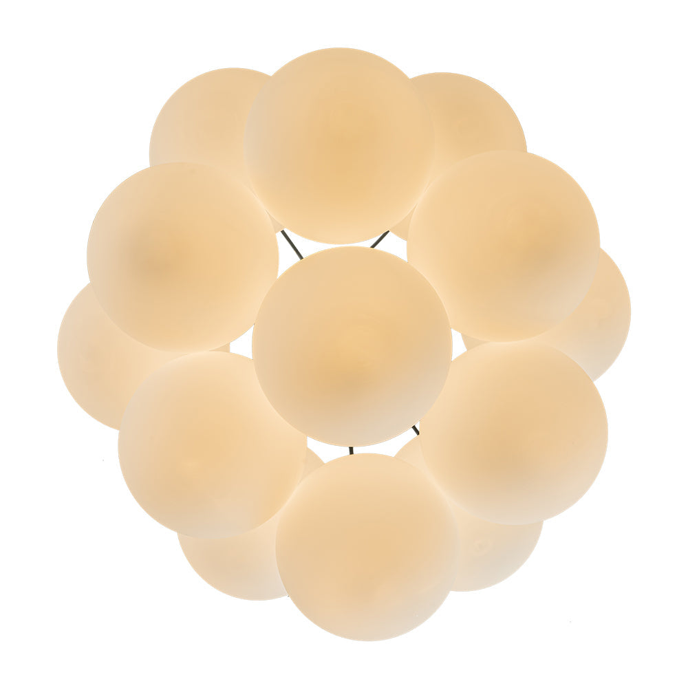 Exuding modern mid-century charm, this chic cluster chandelier effortlessly enhances any interior space with its stylish design. Crafted with a harmonious fusion of metal and opal globes, it creates a captivating visual display while illuminating the room from multiple angles. The opal glass shades, paired with 13 E26/E27 bulbs (bulbs not included), cast a warm and inviting glow throughout, perfect for creating a welcoming ambiance.