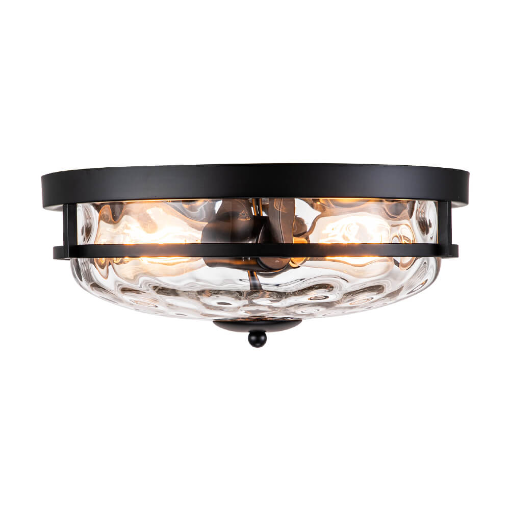 Add a unique warmth and modern touch to your space with this exquisite 2-light stone ripple clear glass flush mount ceiling light. Made of glass and metal, this ceiling light features a solid oil-rubbed bronze/brass metal frame and a delicate stone water-rippled glass shade, which is both practical and beautiful.