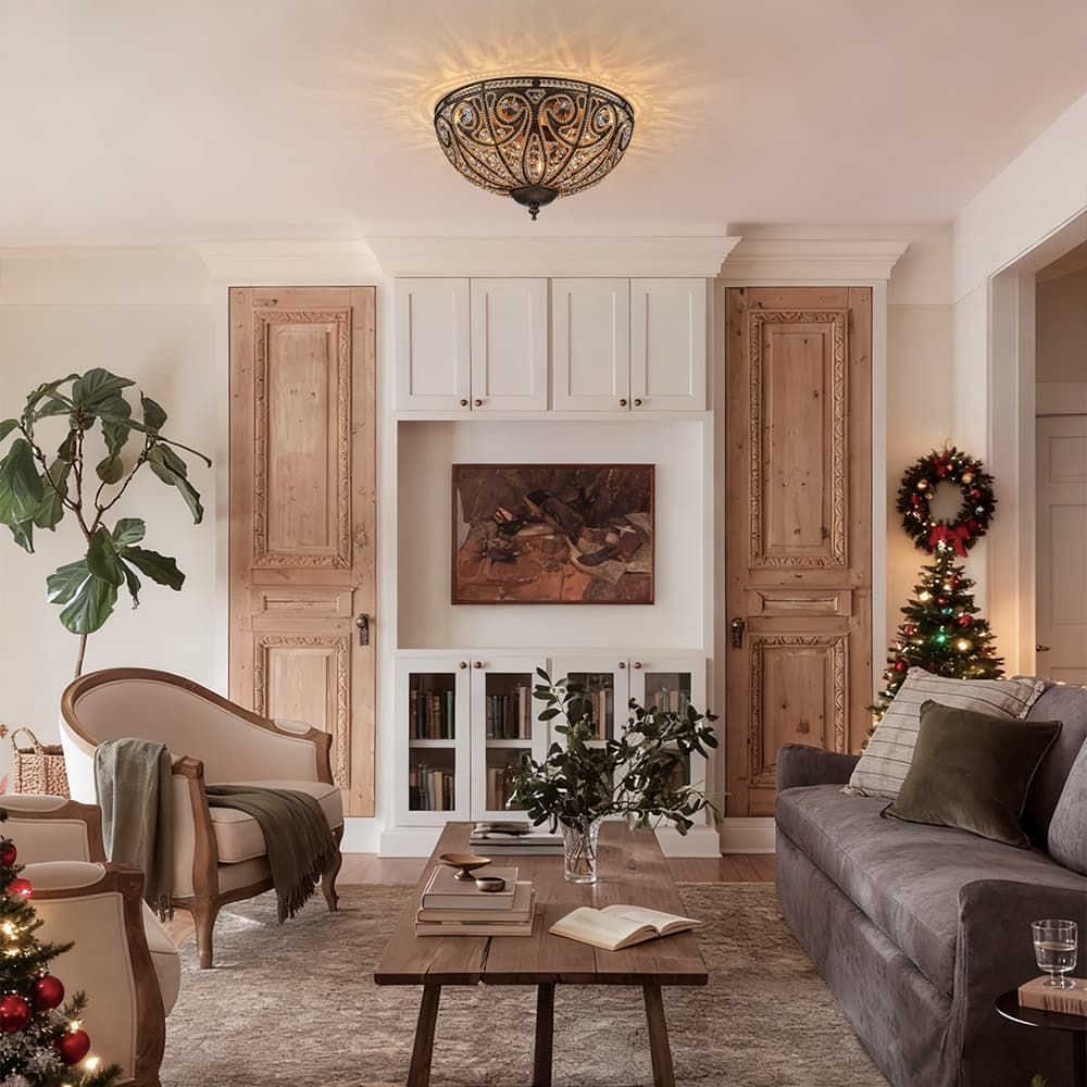 3 - Light Crystal Glass Flush Mount Chandelier - LightfixturesUAE