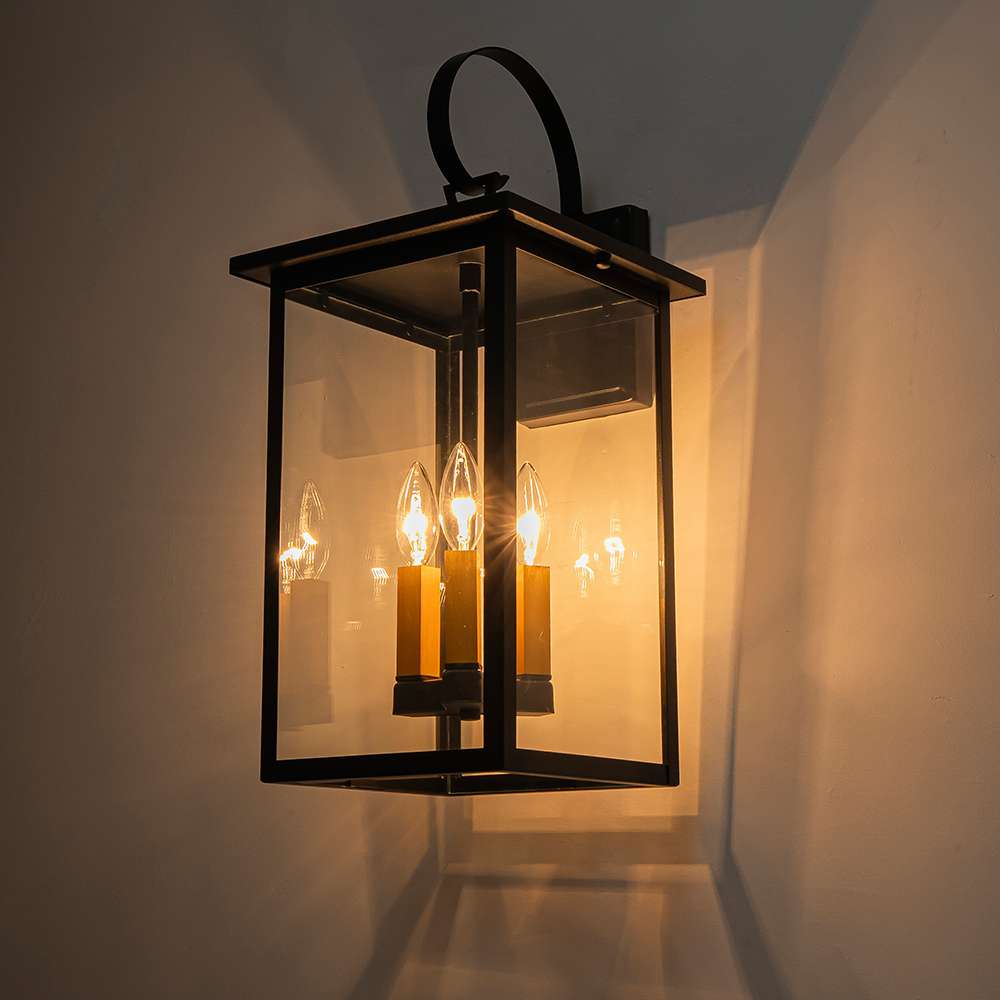 3 - Light Lantern Clear Glass Outdoor Wall Sconce - LightfixturesUAE