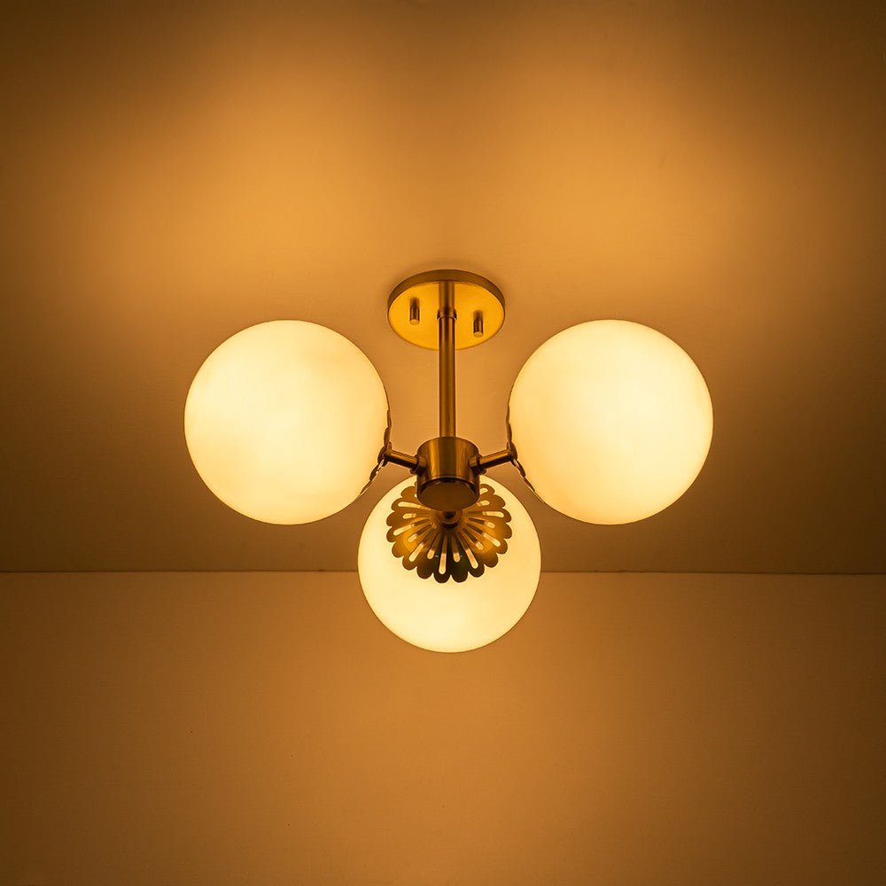3 - Light Opal Glass Brass Semi Flush Mount Light - LightfixturesUAE