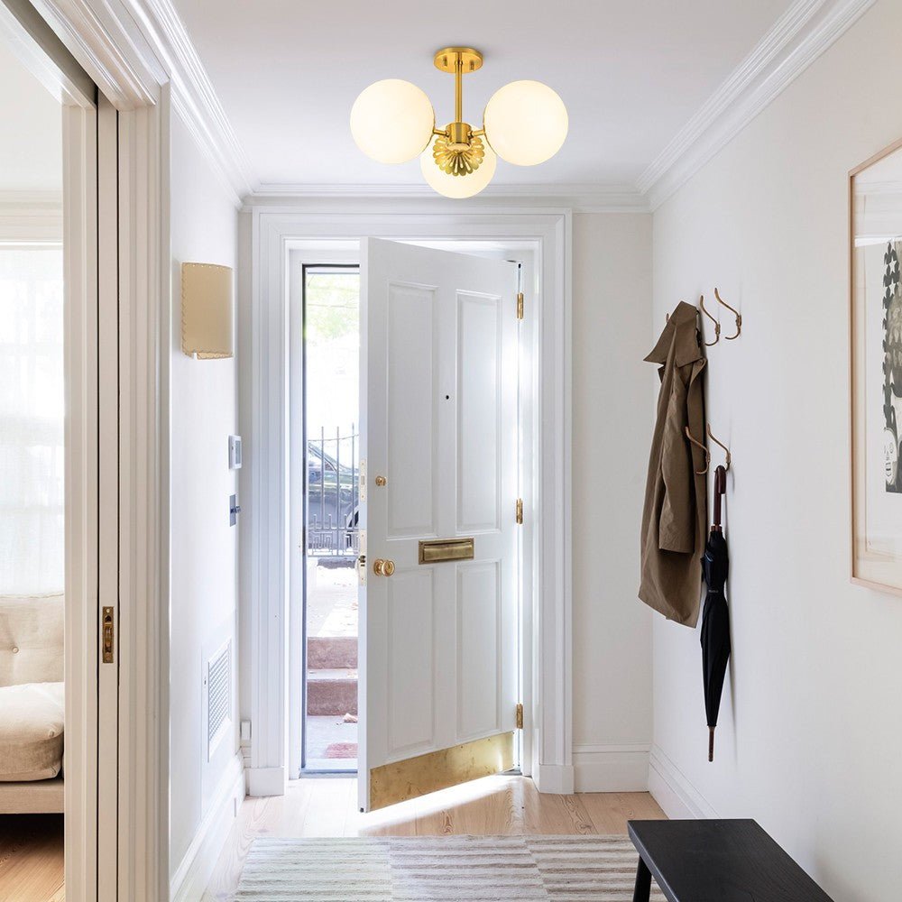 3 - Light Opal Glass Brass Semi Flush Mount Light - LightfixturesUAE