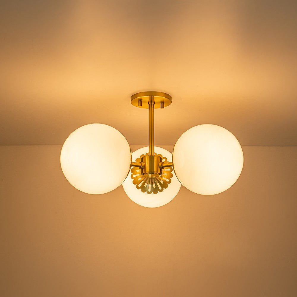 3 - Light Opal Glass Brass Semi Flush Mount Light - LightfixturesUAE