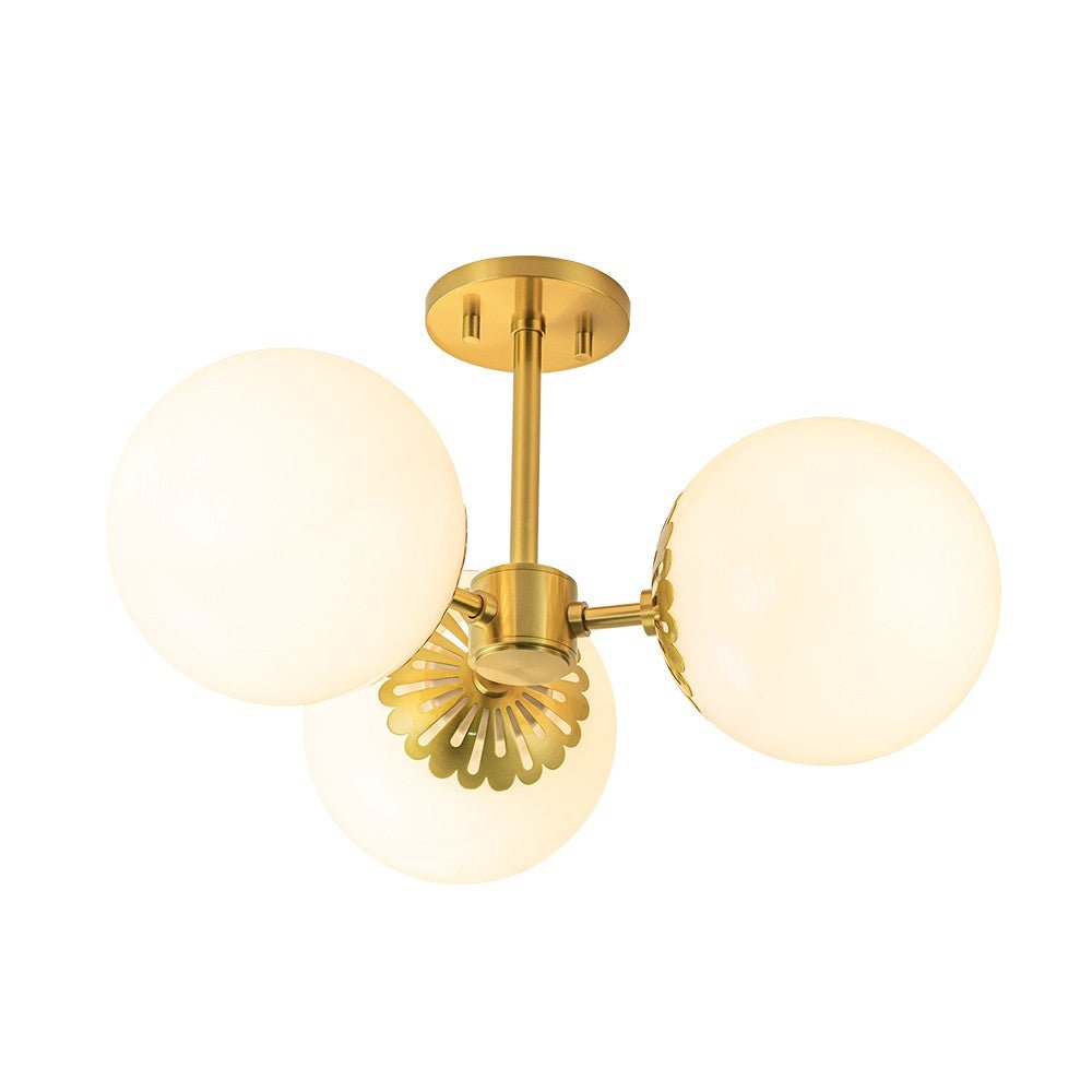 3 - Light Opal Glass Brass Semi Flush Mount Light - LightfixturesUAE