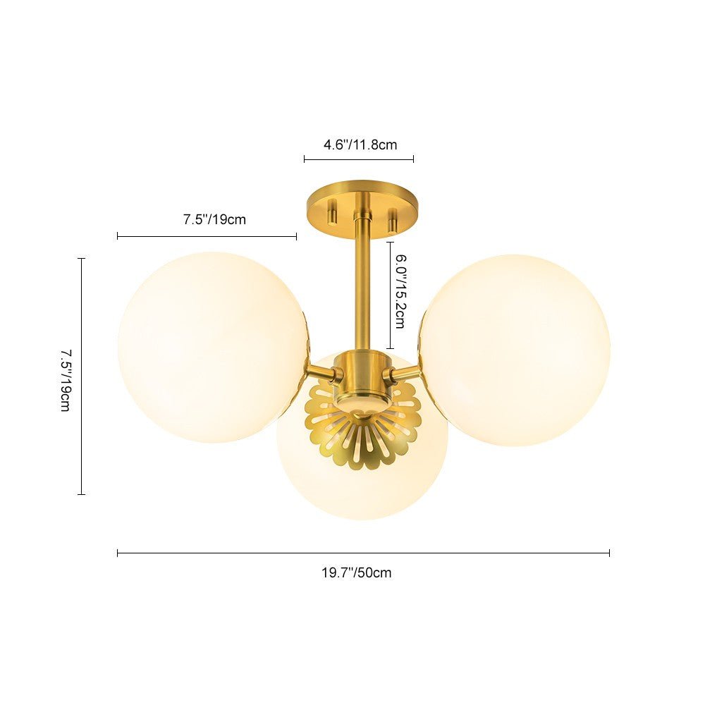 3 - Light Opal Glass Brass Semi Flush Mount Light - LightfixturesUAE