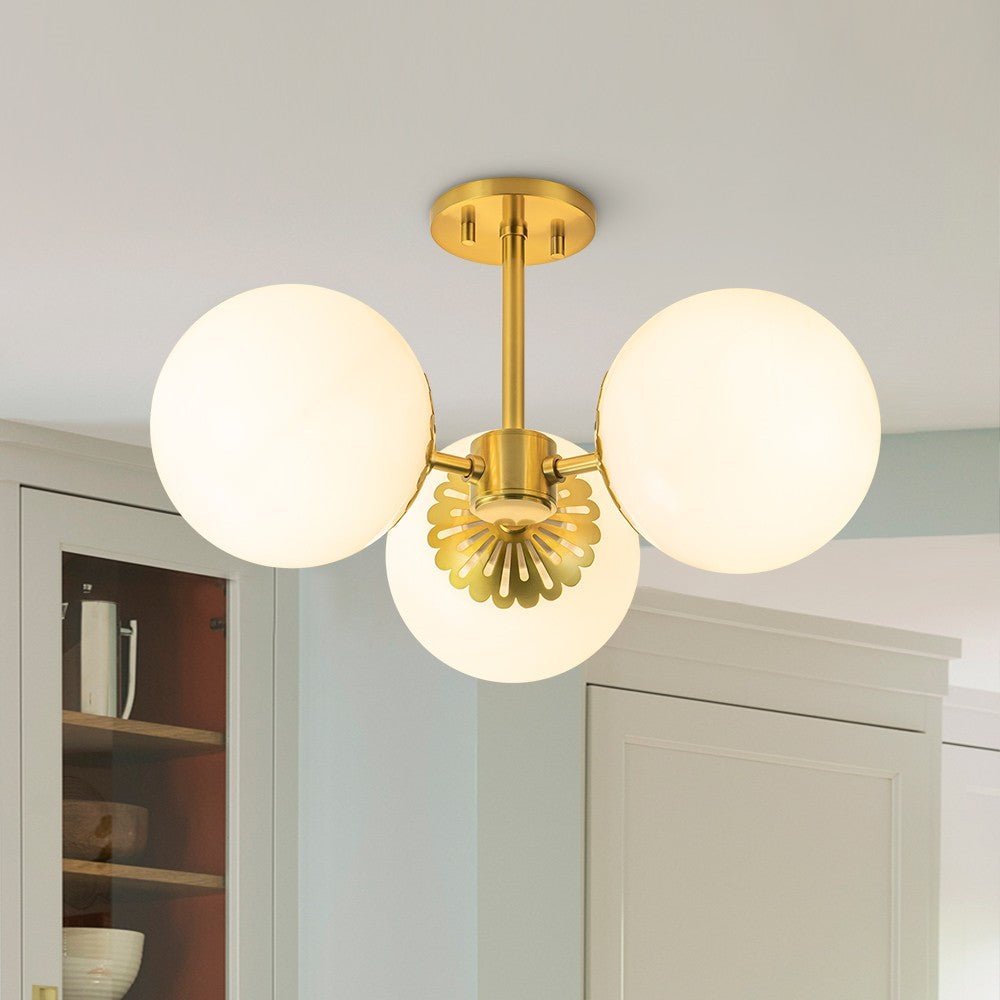 3 - Light Opal Glass Brass Semi Flush Mount Light - LightfixturesUAE