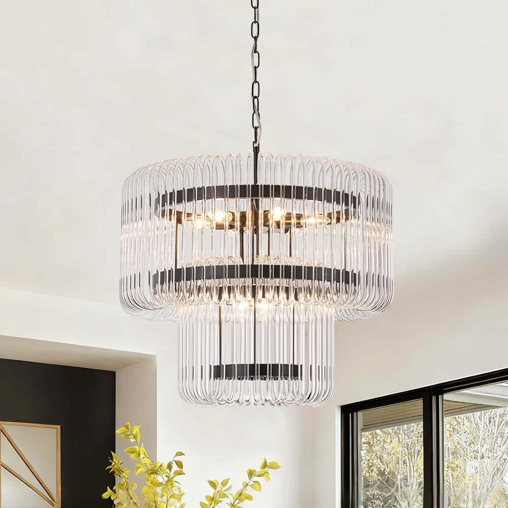 9-Light Modern Glam Two-Tiered Glass Rod Round Chandelier