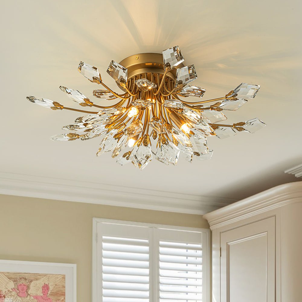 4 - Light Flower Branch Crystal Semi - Flush Mount Light - LightfixturesUAE