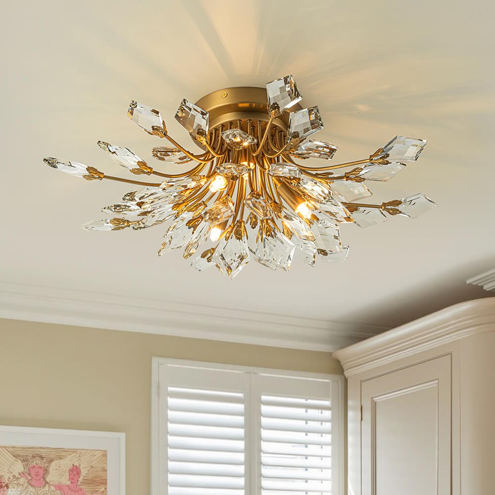 4 - Light Flower Branch Crystal Semi - Flush Mount Light - LightfixturesUAE