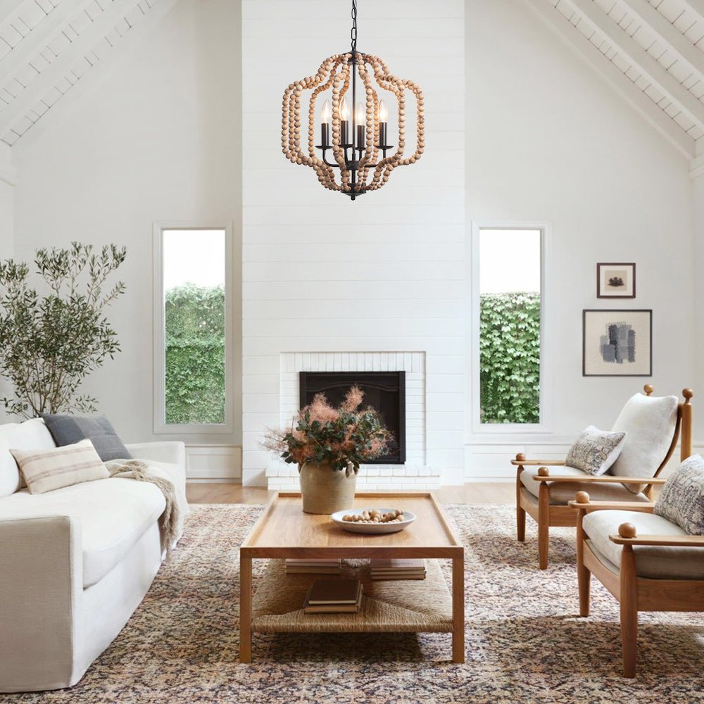 4 - Light Traditional Wood Bead Lantern Pendant Lighting - LightfixturesUAE