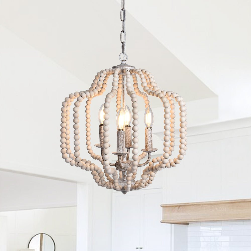 4 - Light Traditional Wood Bead Lantern Pendant Lighting - LightfixturesUAE