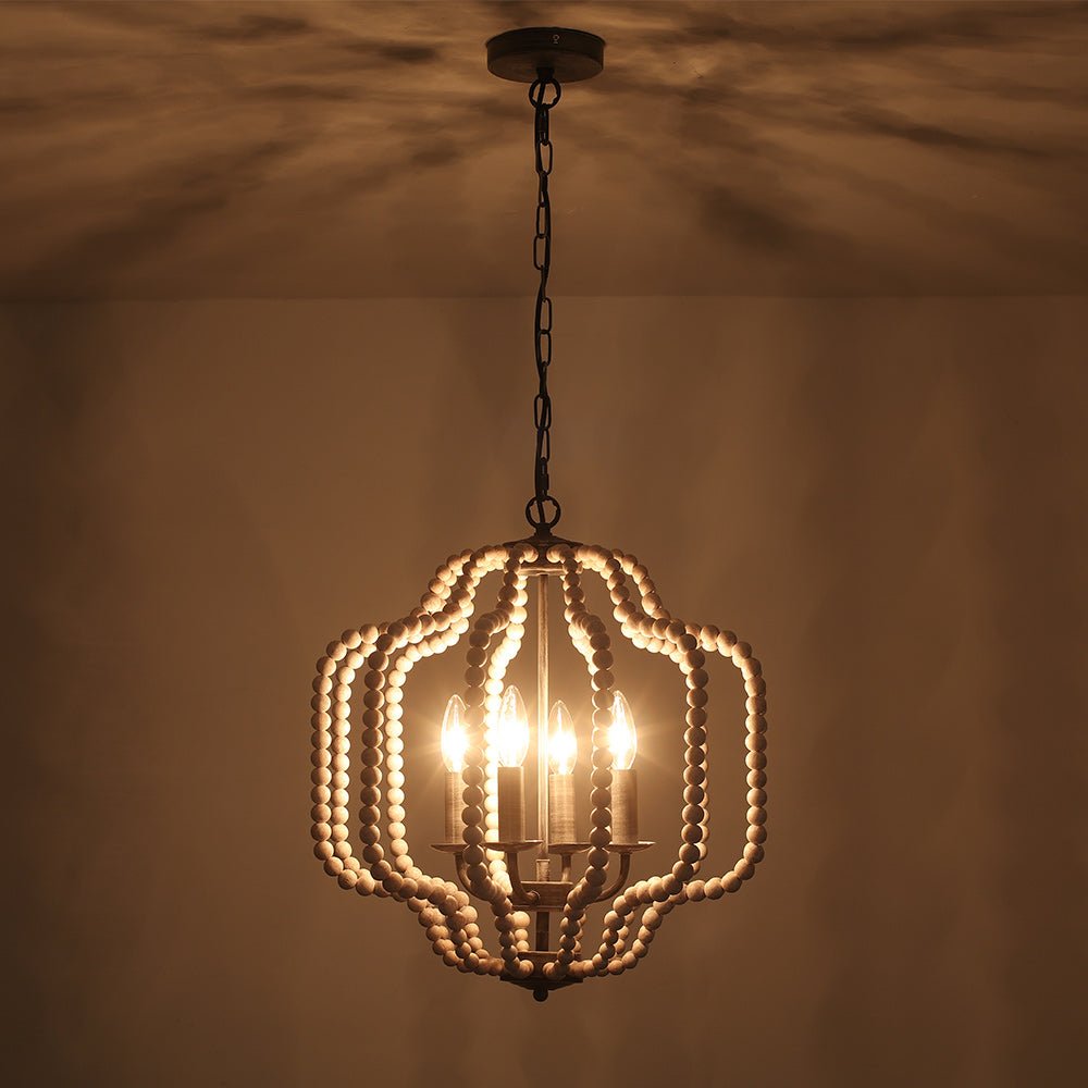 4 - Light Traditional Wood Bead Lantern Pendant Lighting - LightfixturesUAE
