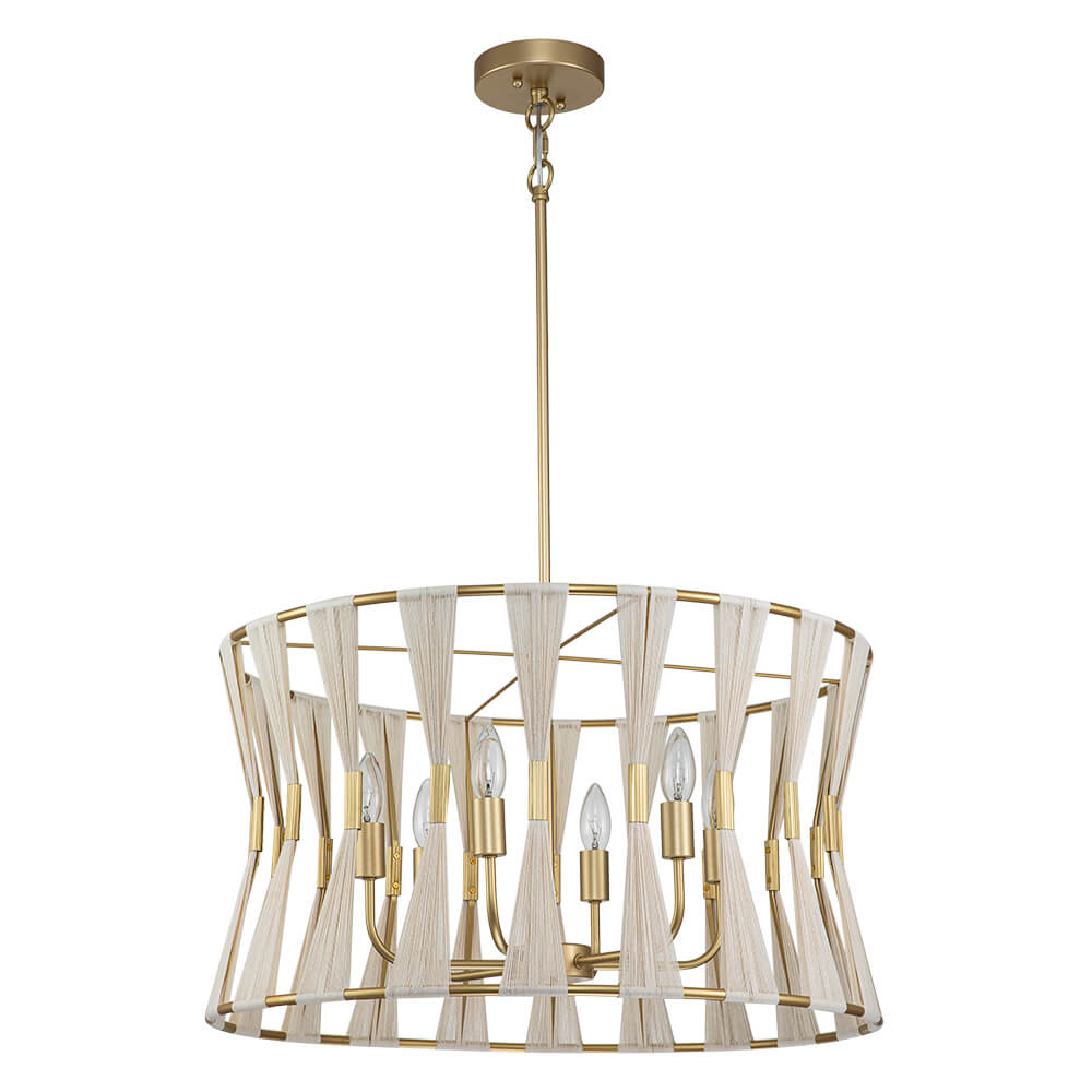 6 - Light Ivory Woven Brass Drum Chandelier - LightfixturesUAE
