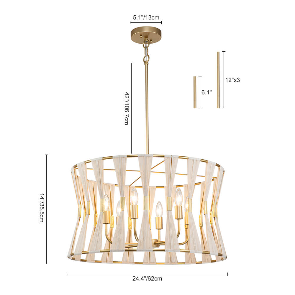 6 - Light Ivory Woven Brass Drum Chandelier - LightfixturesUAE