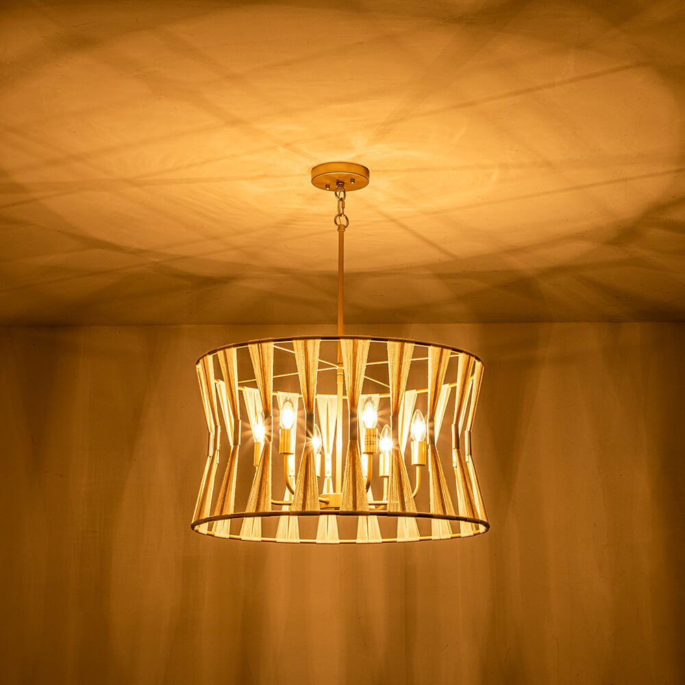 6 - Light Ivory Woven Brass Drum Chandelier - LightfixturesUAE