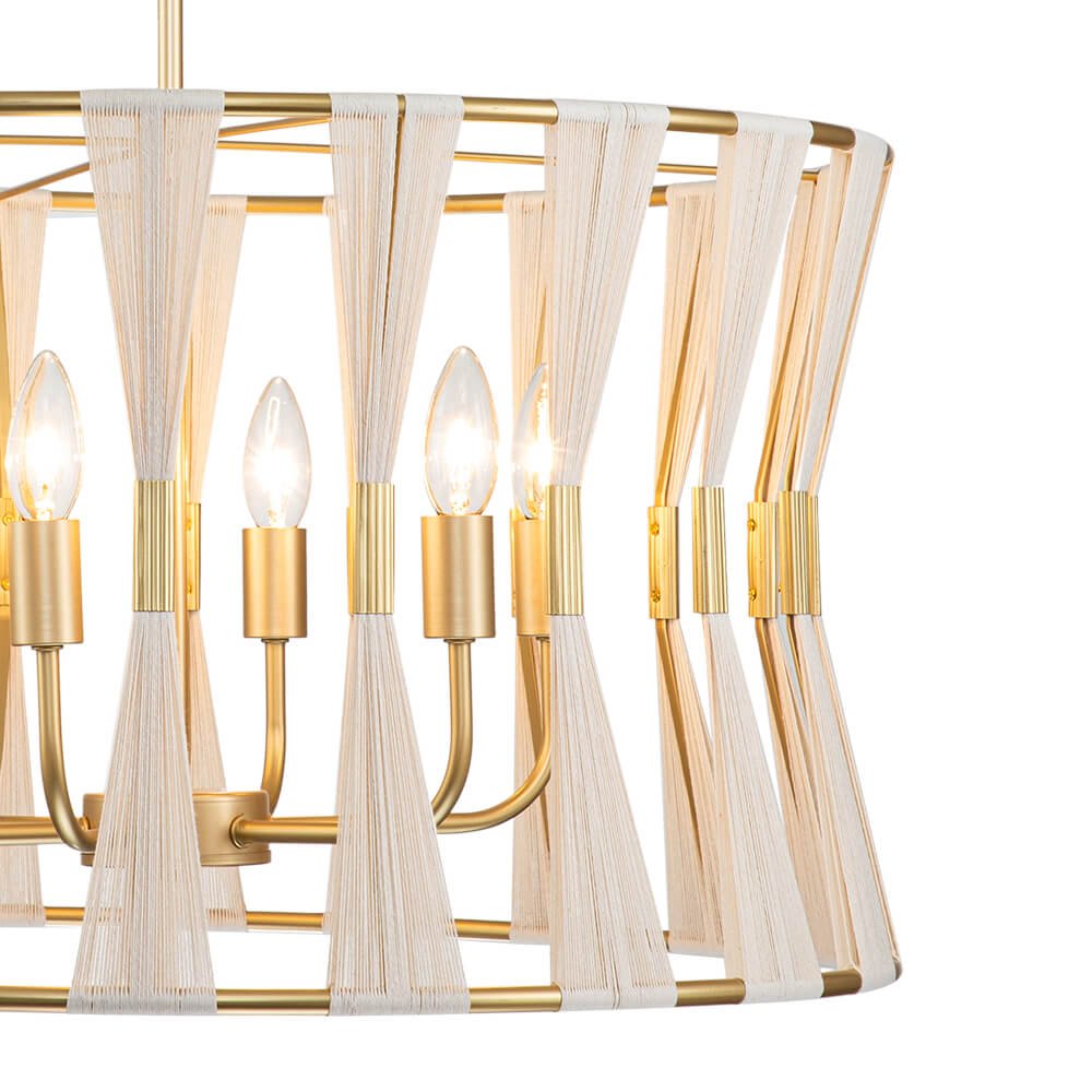 6 - Light Ivory Woven Brass Drum Chandelier - LightfixturesUAE