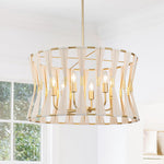 6 - Light Ivory Woven Brass Drum Chandelier - LightfixturesUAE