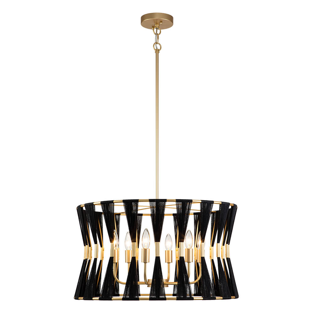 6 - Light Ivory Woven Brass Drum Chandelier - LightfixturesUAE