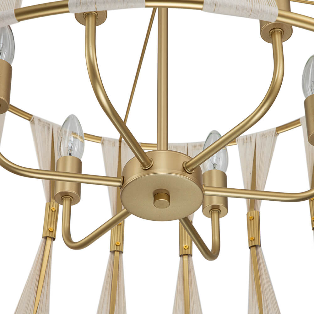 6 - Light Ivory Woven Brass Drum Chandelier - LightfixturesUAE