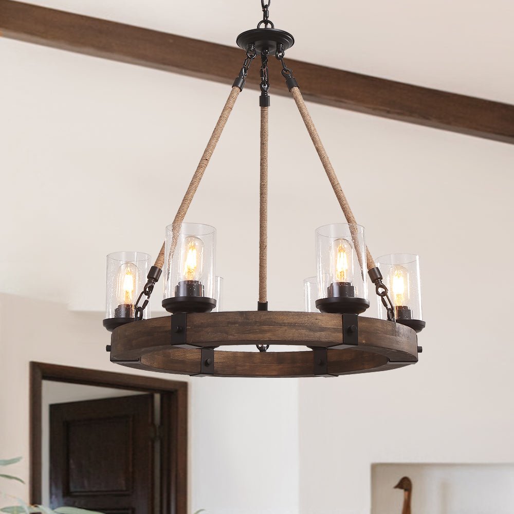 6 - Light Wooden Wagon Wheel Chandelier - LightfixturesUAE