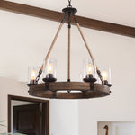 6 - Light Wooden Wagon Wheel Chandelier - LightfixturesUAE