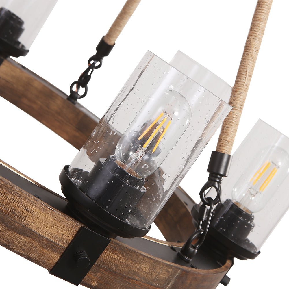 6 - Light Wooden Wagon Wheel Chandelier - LightfixturesUAE