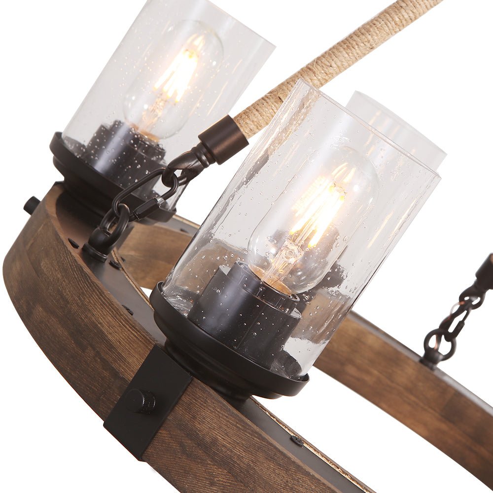 6 - Light Wooden Wagon Wheel Chandelier - LightfixturesUAE