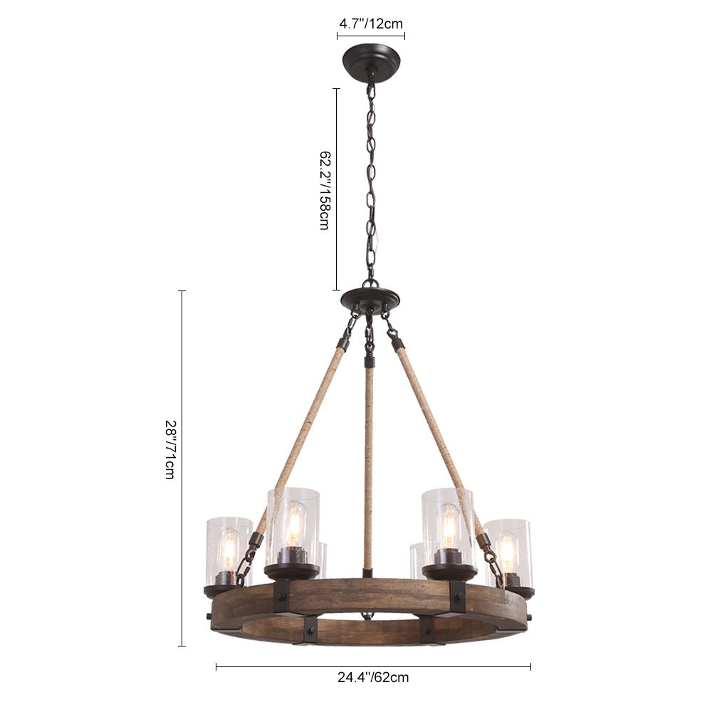 6 - Light Wooden Wagon Wheel Chandelier - LightfixturesUAE