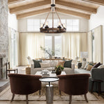 6 - Light Wooden Wagon Wheel Chandelier - LightfixturesUAE