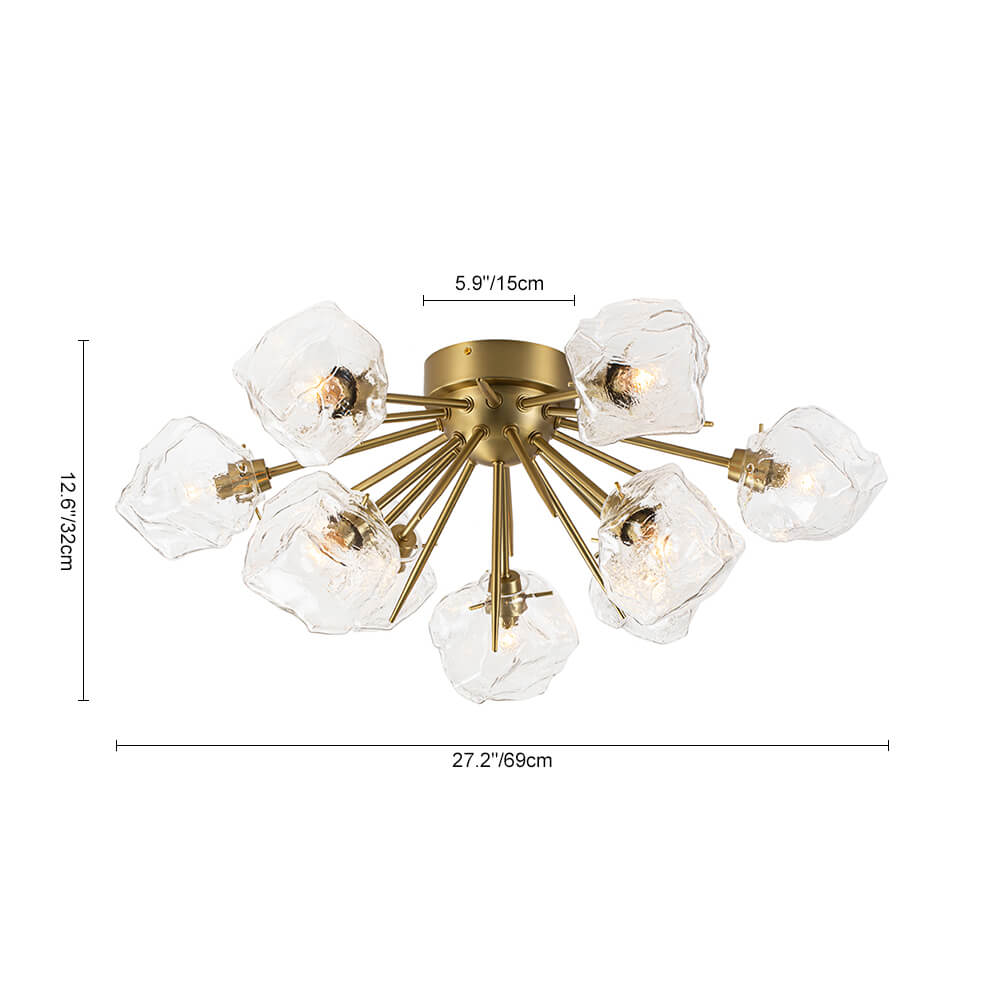 Introducing our 9-Light Modern Glam Ice Glass Semi Flush Mount Ceiling Light, designed to transform your dining room, kitchen, or living room into a space of unmatched elegance. This fixture boasts a metal hemisphere, expertly crafted with nine lamp arms and ornate stems, culminating in a captivating sunburst silhouette.