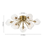 Introducing our 9-Light Modern Glam Ice Glass Semi Flush Mount Ceiling Light, designed to transform your dining room, kitchen, or living room into a space of unmatched elegance. This fixture boasts a metal hemisphere, expertly crafted with nine lamp arms and ornate stems, culminating in a captivating sunburst silhouette.