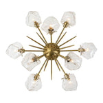 Introducing our 9-Light Modern Glam Ice Glass Semi Flush Mount Ceiling Light, designed to transform your dining room, kitchen, or living room into a space of unmatched elegance. This fixture boasts a metal hemisphere, expertly crafted with nine lamp arms and ornate stems, culminating in a captivating sunburst silhouette.