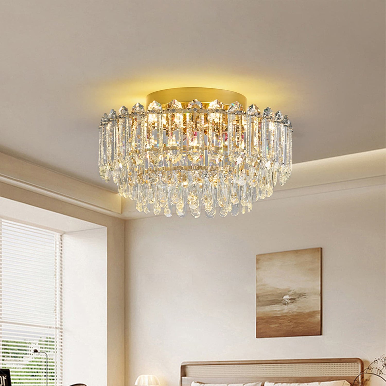 Multi-Size Luxury K9 Crystal Tiered Cake Semi Flush Mount Ceiling Light