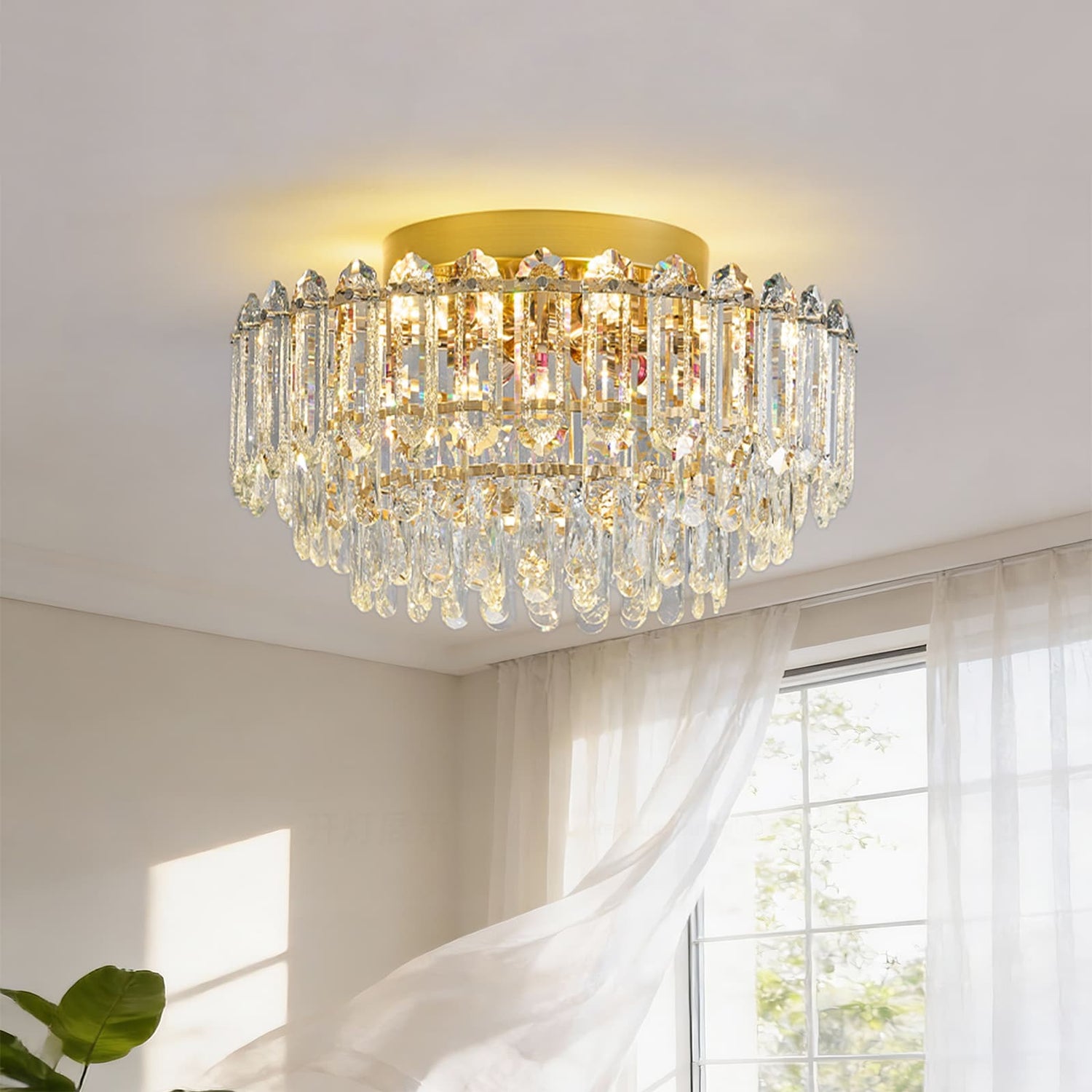 Multi-Size Luxury K9 Crystal Tiered Cake Semi Flush Mount Ceiling Light
