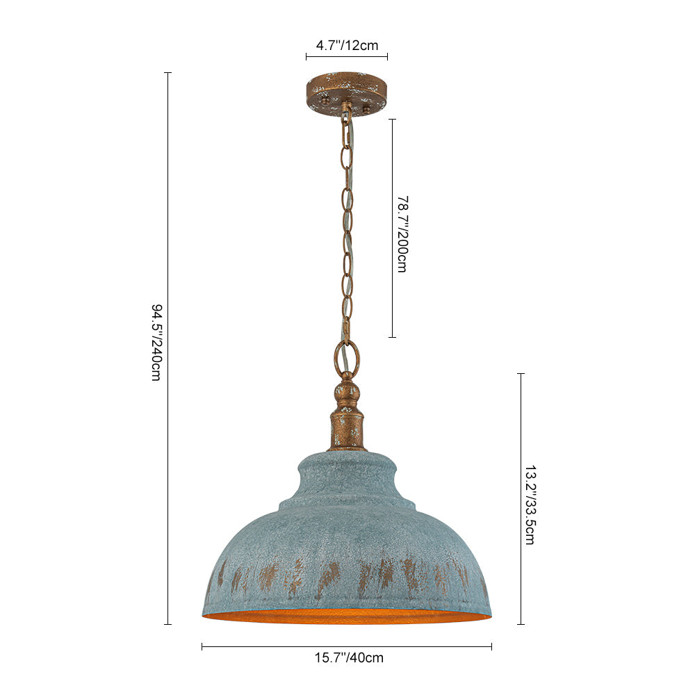 1-Light Rustic Aged Patina Iron Peacock Blue Dome Pendant Light