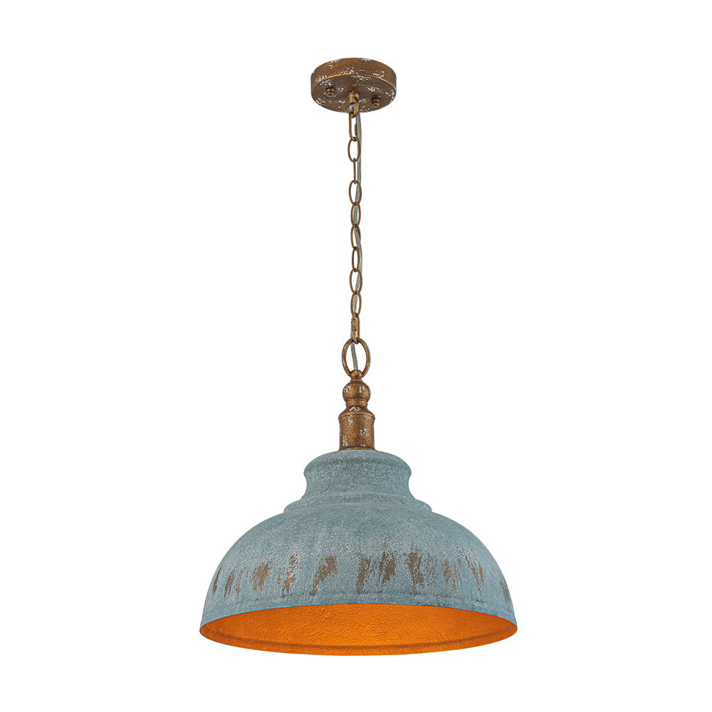 1-Light Rustic Aged Patina Iron Peacock Blue Dome Pendant Light