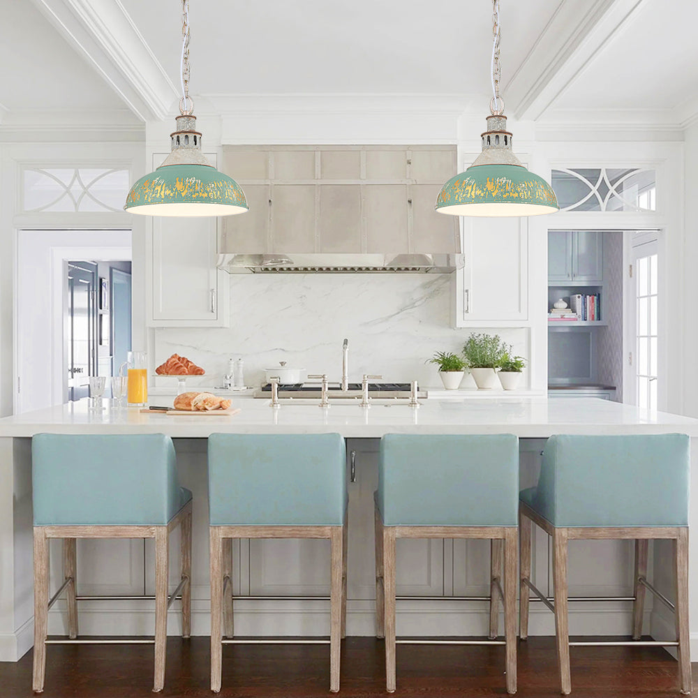 1-Light Farmhouse Vintage Antique Teal Brass Bowl Shape Pendant Light