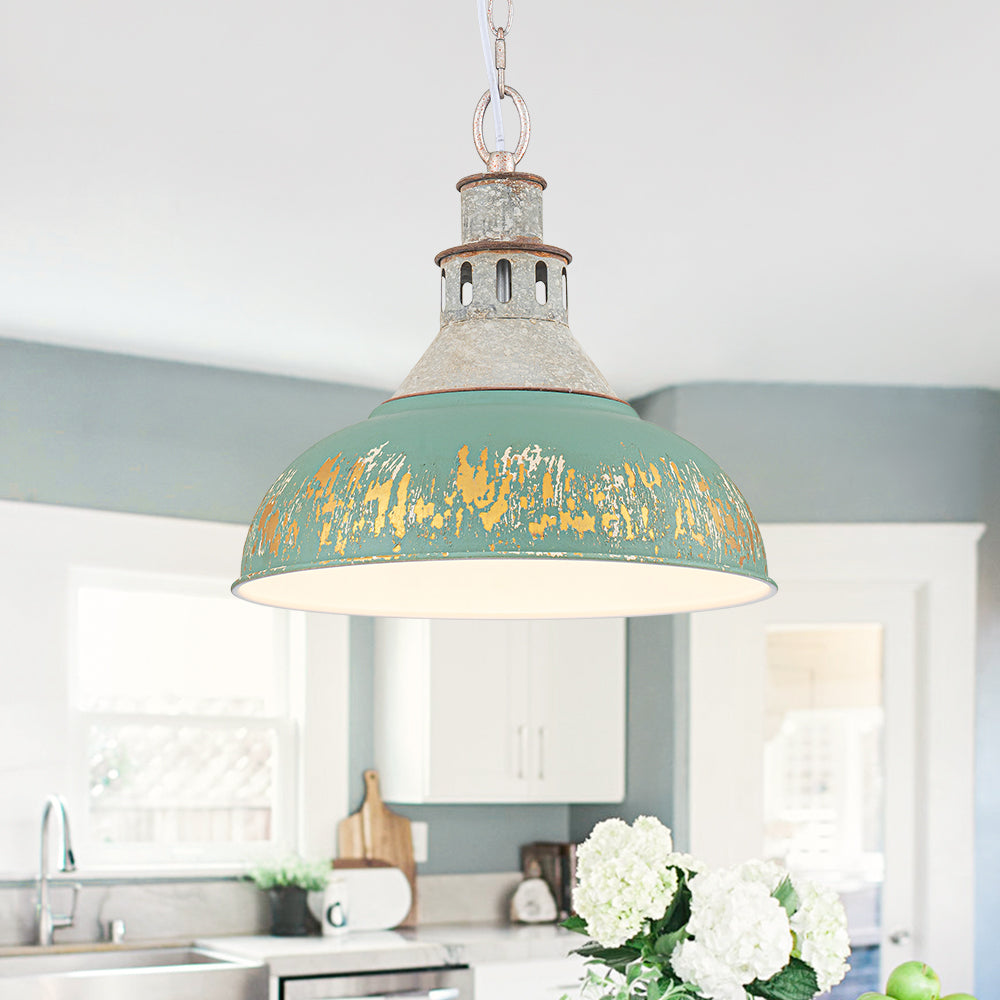 1-Light Farmhouse Vintage Antique Teal Brass Bowl Shape Pendant Light