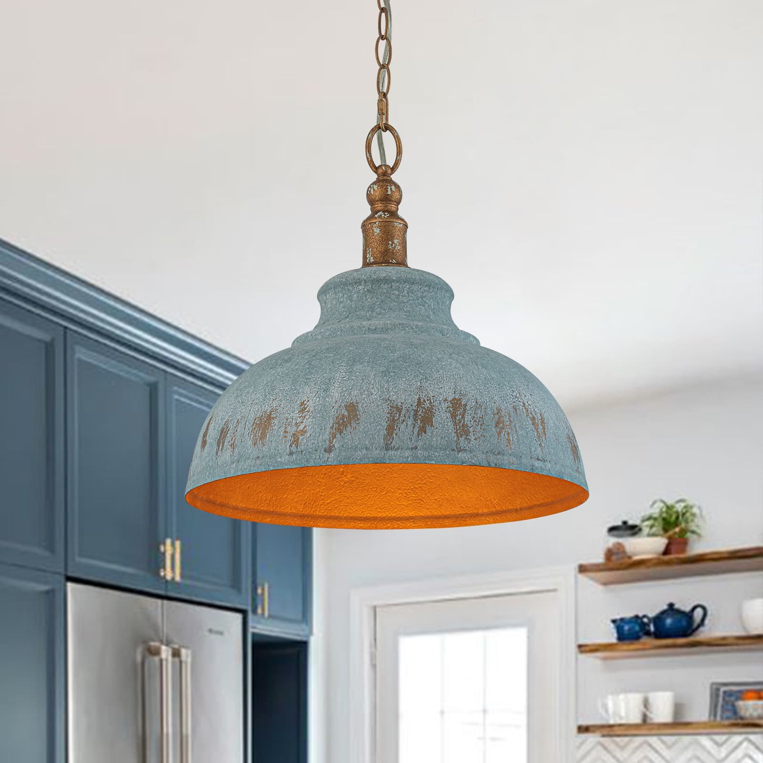 1-Light Rustic Aged Patina Iron Peacock Blue Dome Pendant Light