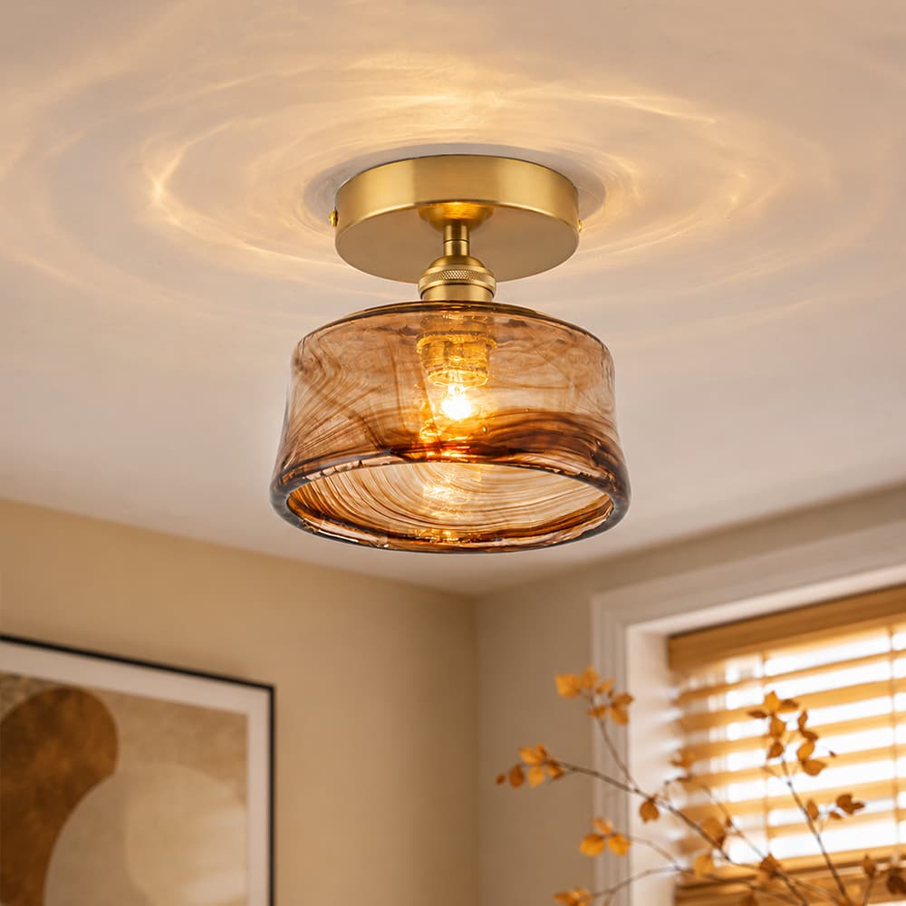 1-Light Vintage Retro Smoky Swirl Amber Glass Semi-Flush Ceiling Light