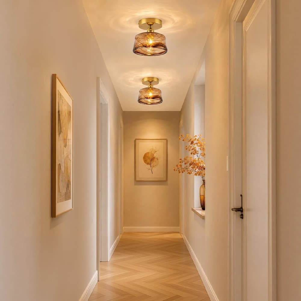 1-Light Vintage Retro Smoky Swirl Amber Glass Semi-Flush Ceiling Light