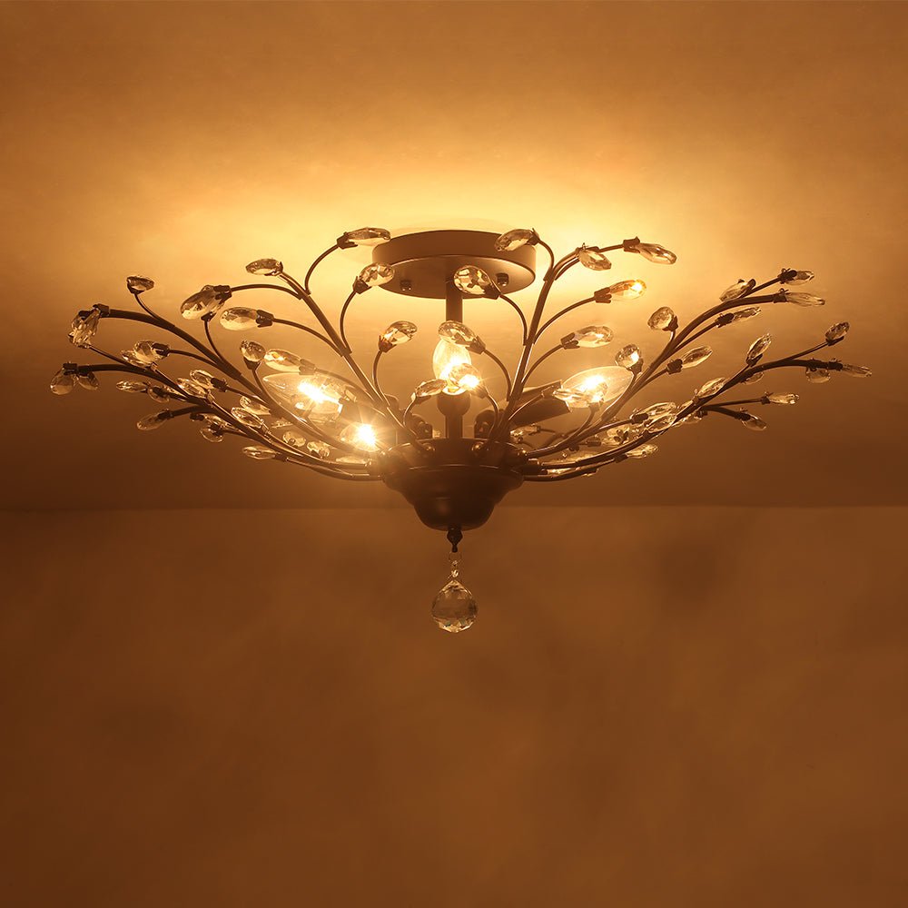 Art Deco Vintage 5 - Light Flower Basket Crystal Semi Flush Mount Ceiling Light - LightfixturesUAE